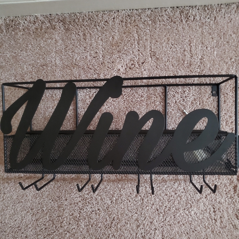 Wine Shelf/Glass Holder Black Metal Decorative and Functional